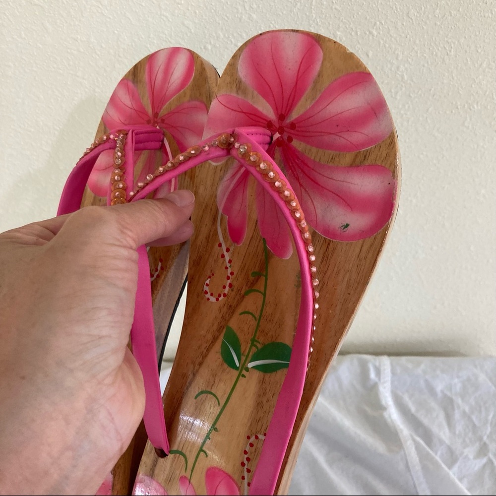 Wooden sandals with painted flowers Hibiscus Tropical Hawaii Polynesian Size XL - Picture 9 of 14